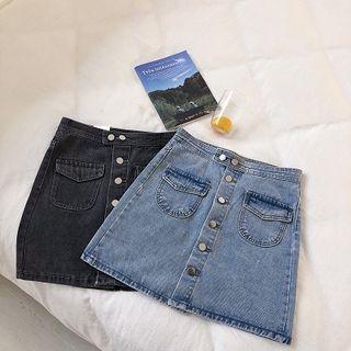 Single-breasted High-waist Denim A-line Skirt
