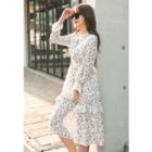 3/4-sleeve Tie-front Floral Print A-line Midi Dress