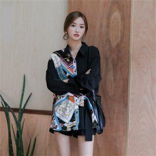 Printed Panel Tie-waist Long-sleeve Shirt