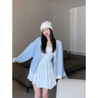 Round Neck Jacquard Cardigan Blue - One Size