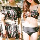 Set : Floral Print Bikini + Cover-up + Skirt