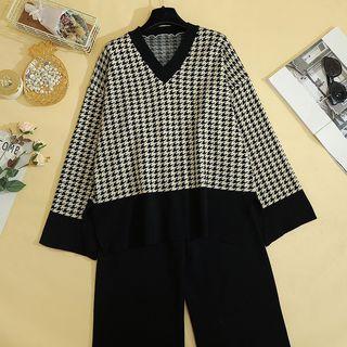 Set: Plaid Sweater + Knit Wide Leg Pants Black - One Size