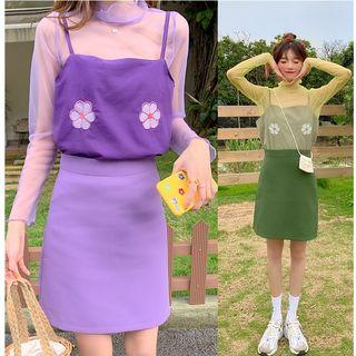 Flower Embroidered Camisole Top / High Waist A-line Skirt / Mesh Long-sleeve Top