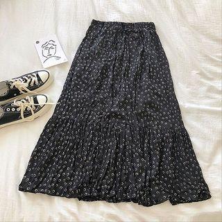 Heart Floral Frilled High-waist Chiffon Skirt Black - One Size