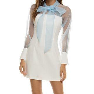 Long-sleeve Ribbon Mesh Panel Mini A-line Dress
