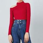 Cutout Long-sleeve Knit Top Cherry Red - One Size