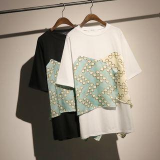 Mock Two-piece Elbow-sleeve Pattern Paneled T-shirt