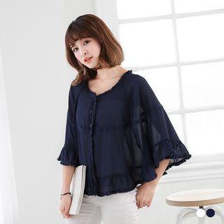 3/4-sleeve Paneled Top White - Xl