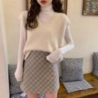 Turtleneck Long-sleeve Top / Knit Vest / Mini Plaid A-line Skirt