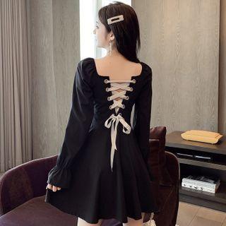 Long-sleeve Lace Up Mini A-line Dress