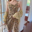Floral Spaghetti Strap Mini A-line Dress / Long-sleeve Shirt