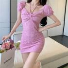 Short-sleeve Halter Mini Sheath Dress Pink - One Size