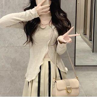 Lettuce Edge Knit Top / Striped Midi A-line Skirt
