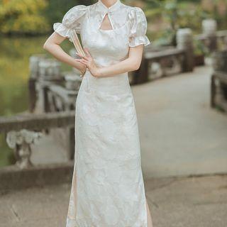 Short-sleeve Cutout Midi A-line Qipao Dress