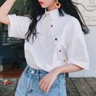 Elbow-sleeve Contrast Button Top