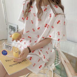 Loungewear Set : Short-sleeve Cherry Print Top + Shorts White - One Size