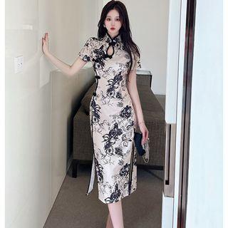 Short-sleeve Floral Print Keyhole Qipao