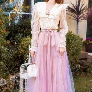 Set: Long-sleeve Lace Top + Mesh Skirt