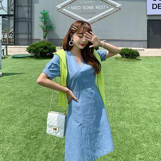 V-neck Tie-waist Denim Dress