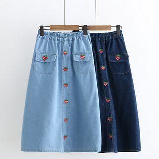 Strawberry Embroidered A-line Denim Skirt
