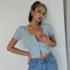 U-neck Button-up Crop T-shirt In 5 Colors