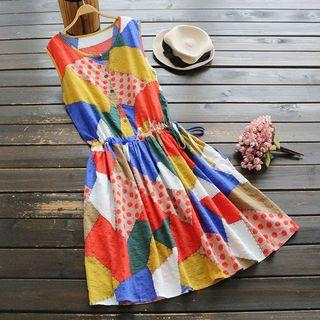 Sleeveless Patterned Drawstring Dress