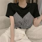 Mock Two-piece Short-sleeve Striped Twisted Blouse