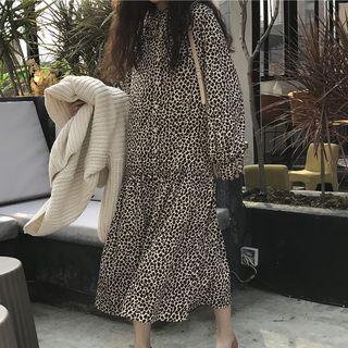 Leopard Pattern Long-sleeve Midi Dress As Shown In Figure - One Size