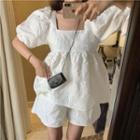 Set: Square-neck Loose-fit Puff-sleeve Blouse + Shorts As Figure - One Size