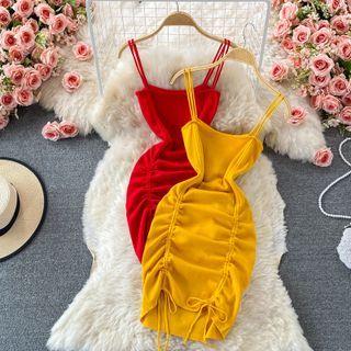 Spaghetti Strap Drawstring Knit Sheath Dress
