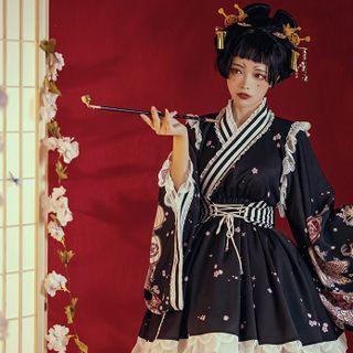 Long-sleeve Ruffle Trim Print A-line Dress