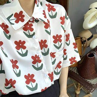 Flower Printed Loose-fit Short-sleeve Shirt / Pleated Skirt