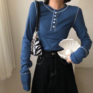 Contrast Stitching Long-sleeve Henley T-shirt