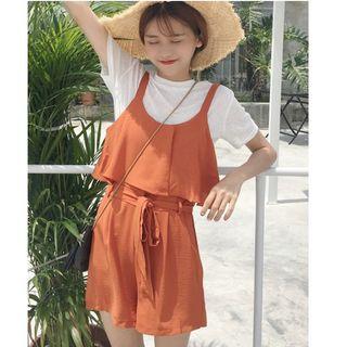 Set: Plain Short Sleeve T-shirt + Plain Pinafore Playsuit