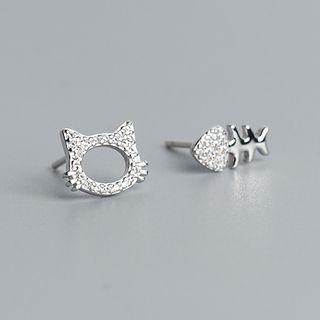 925 Sterling Silver Non-matching Rhinestone Cat & Fish Bone Earring 1 Pair - S925 Sterling Silver - Silver - One Size