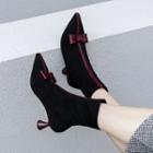 Elastic Suede Bow Accent Spool Heel Ankle Boots