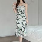 Strapless Floral Print Midi Mermaid Dress