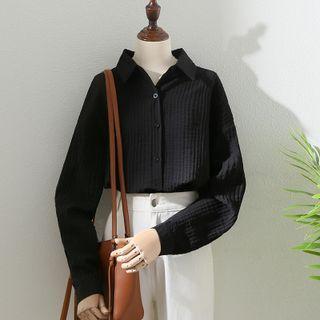 Long-sleeve Lapel Plain Ruched Shirt