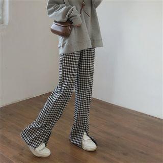 Checked Slit-hem Wide Leg Pants
