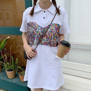 Sequined Elbow-sleeve Polo Shirt