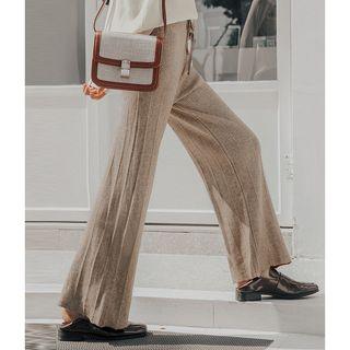 High Waist Knitted Wide-leg Pants Khaki - One Size