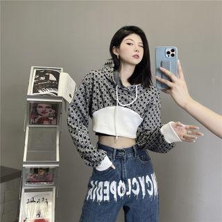 Print Panel Cropped Hoodie Black - One Size
