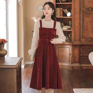 Mock Two-piece Long-sleeve Belted Midi A-line Corduroy Dress