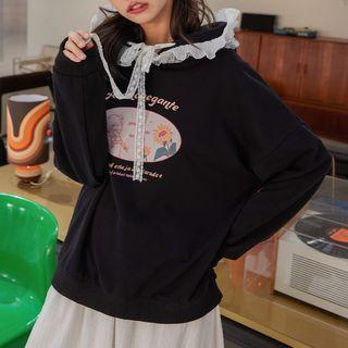 Lace Trim Flower Print Hoodie