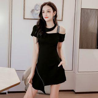 Set: Off-shoulder Rhinestone Dress + Shorts