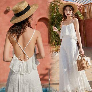 Spaghetti Strap Ruffled Midi Lace Sundress