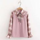 Bell-sleeve Mock Two-piece Plaid Blouse