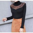 Mesh Panel Long-sleeve Turtleneck T-shirt