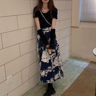Tie Dye Midi A-line Skirt Black & White - One Size