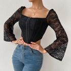 Long-sleeve Square-neck Lace Crop Corset Top